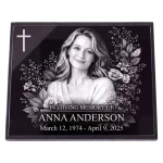 Glass photo plaque for grave engraved with name and dates