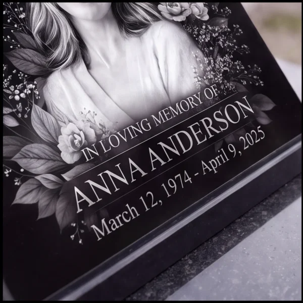 Glass photo plaque for grave engraved with name and dates