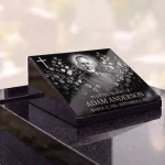 Glass photo plaque for grave engraved with portrait, name and dates