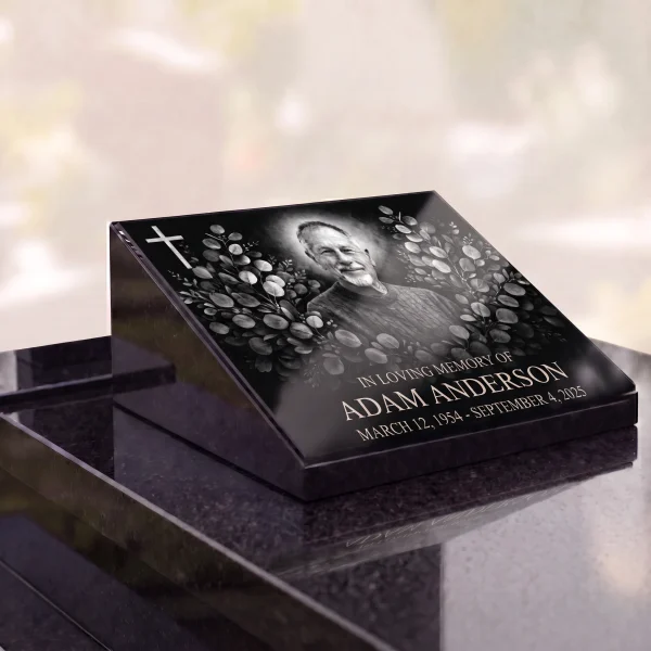 Glass photo plaque for grave engraved with portrait, name and dates
