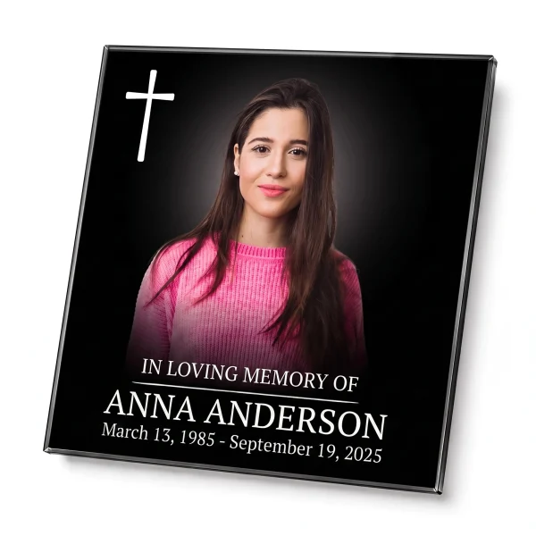 Glass photo plaque for grave with name, dates and cross