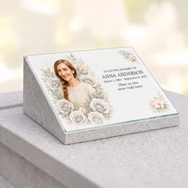 glass photo plaque for grave featuring portrait, name and dates on stone base
