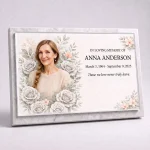 Glass photo plaque for grave with name, dates and floral design