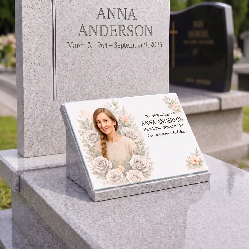 Glass photo plaque for grave with name, dates and floral design on headstone