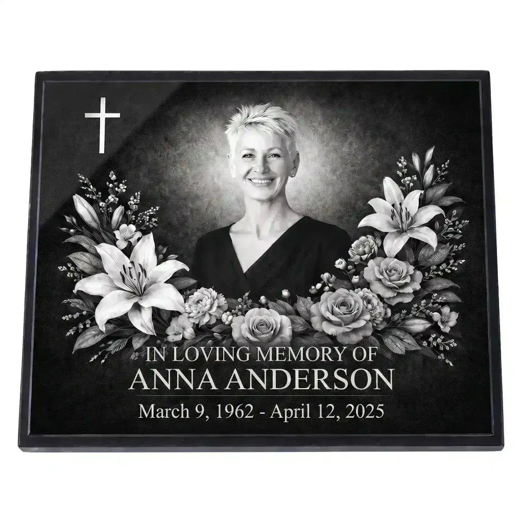 Glass photo plaque for grave engraved with name, dates and floral cross design
