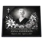 Glass photo plaque for grave engraved with name, dates and floral cross design
