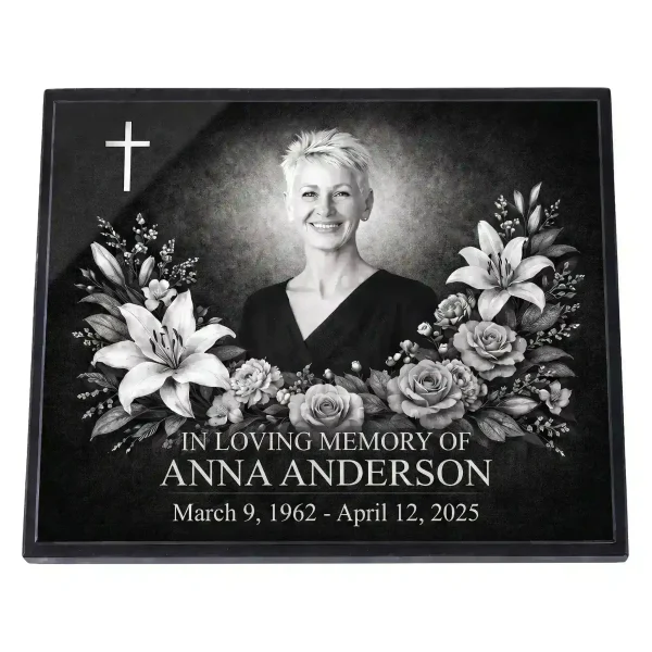 Glass photo plaque for grave engraved with name, dates and floral cross design