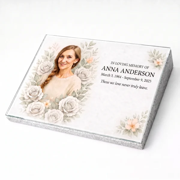 Glass photo plaque for grave with name, dates and floral design