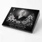 Glass photo plaque for grave engraved with name and dates
