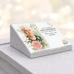 Glass photo plaque for grave with name and dates on granite base