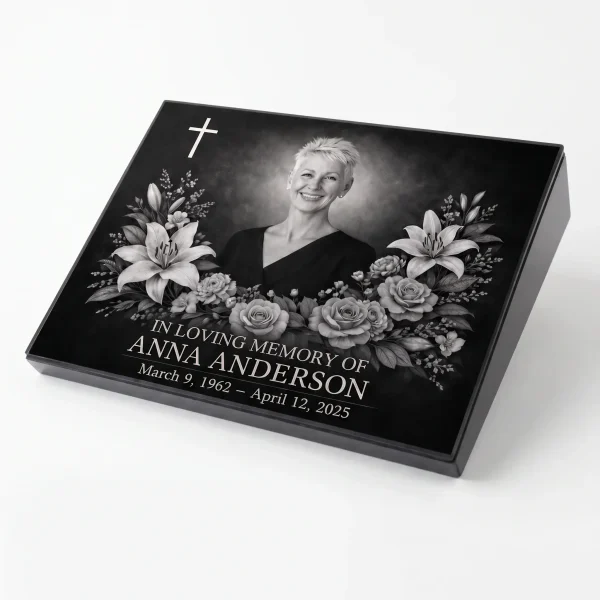 Glass photo plaque for grave engraved with name and dates