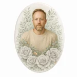 custom headstone design portrait with white roses, personalized gravestone