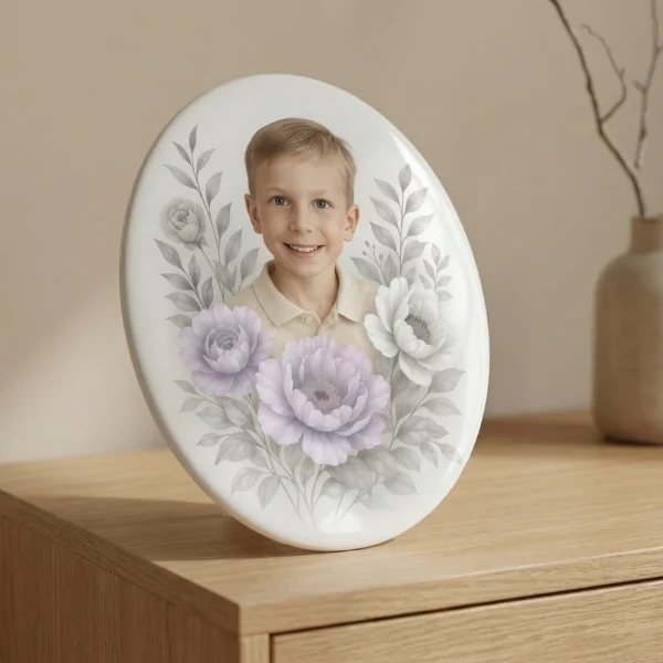 custom photo ceramic memorial for child's grave with floral design