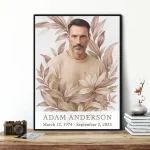 framed personalised memorial portrait made from photo with floral motif and inscription