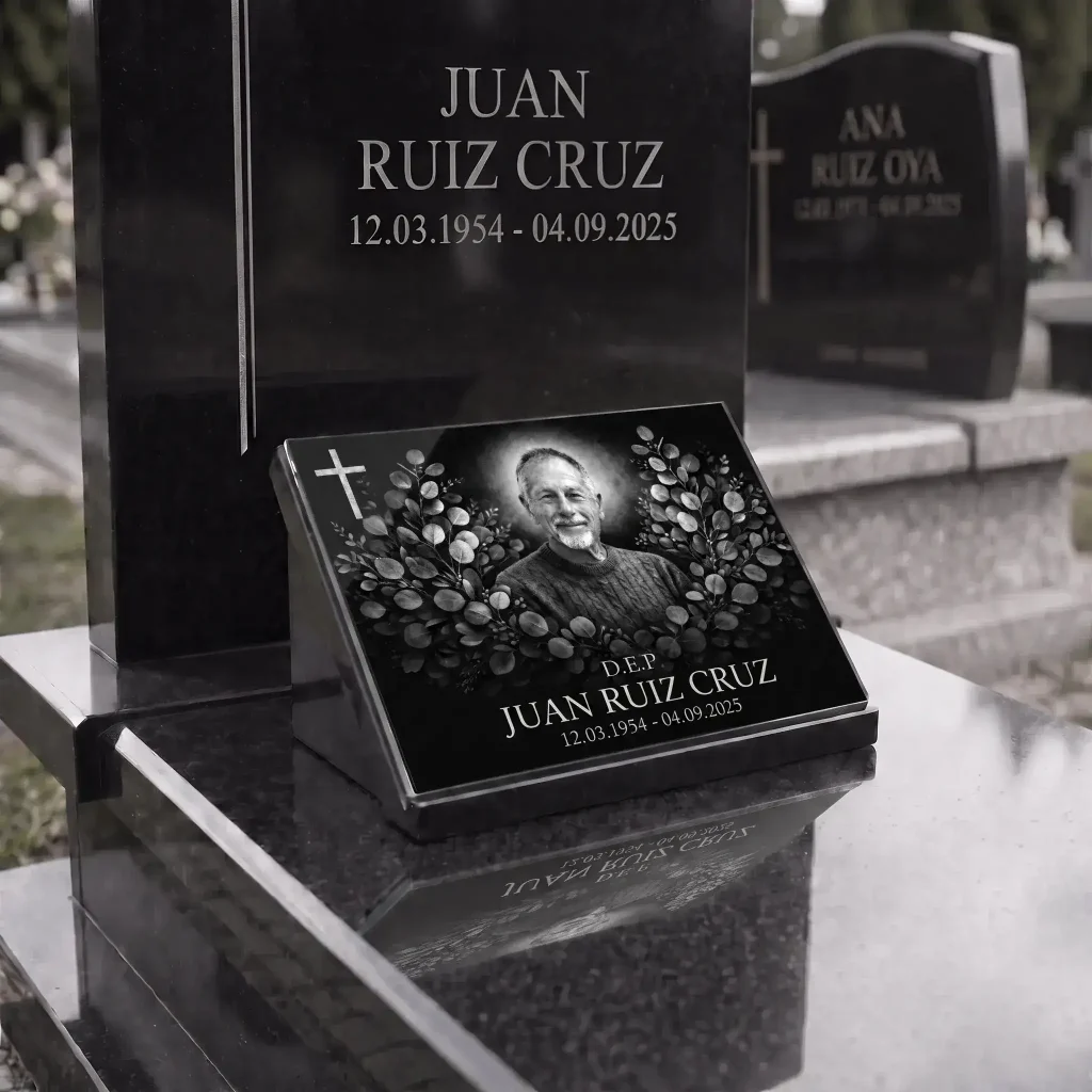 Placa de vidrio con nombre y fechas para lápida con retrato grabado