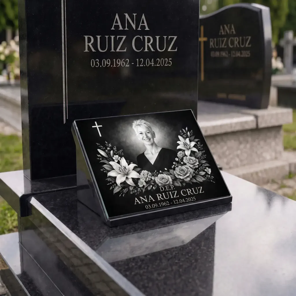 Placa de vidrio para lápida con retrato, nombre y fechas