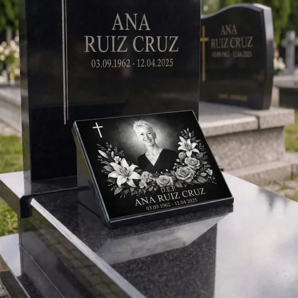Placa de vidrio para lápida con retrato, nombre y fechas