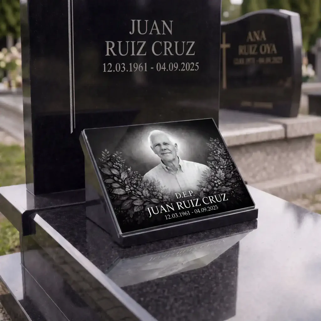 Placa conmemorativa de cristal con retrato y nombre y fechas sobre lápida de granito