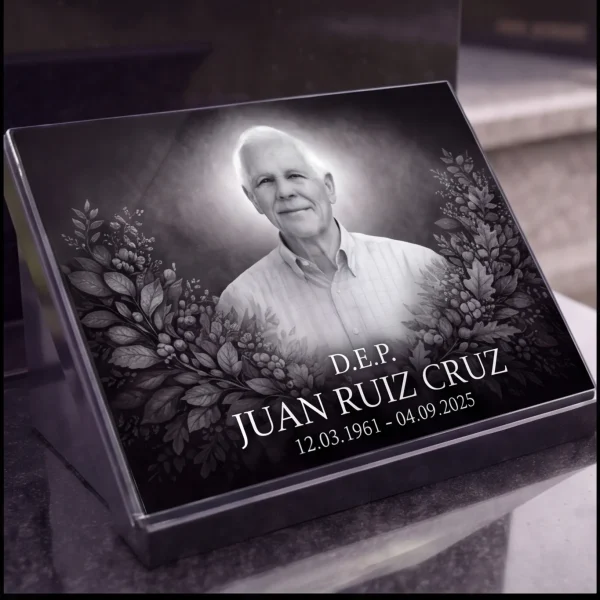 Placa de vidrio con nombre, fechas y retrato para lápida