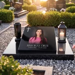 Placa de vidrio con nombre y fechas y foto para lápida