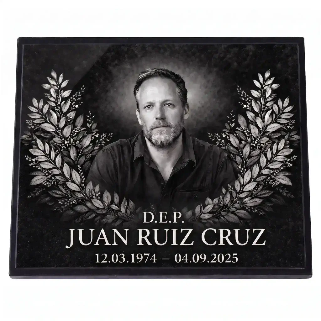 Placa de vidrio con nombre y fechas para lápida con retrato grabado