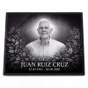 Placa de vidrio para lápida con retrato grabado, nombre y fechas