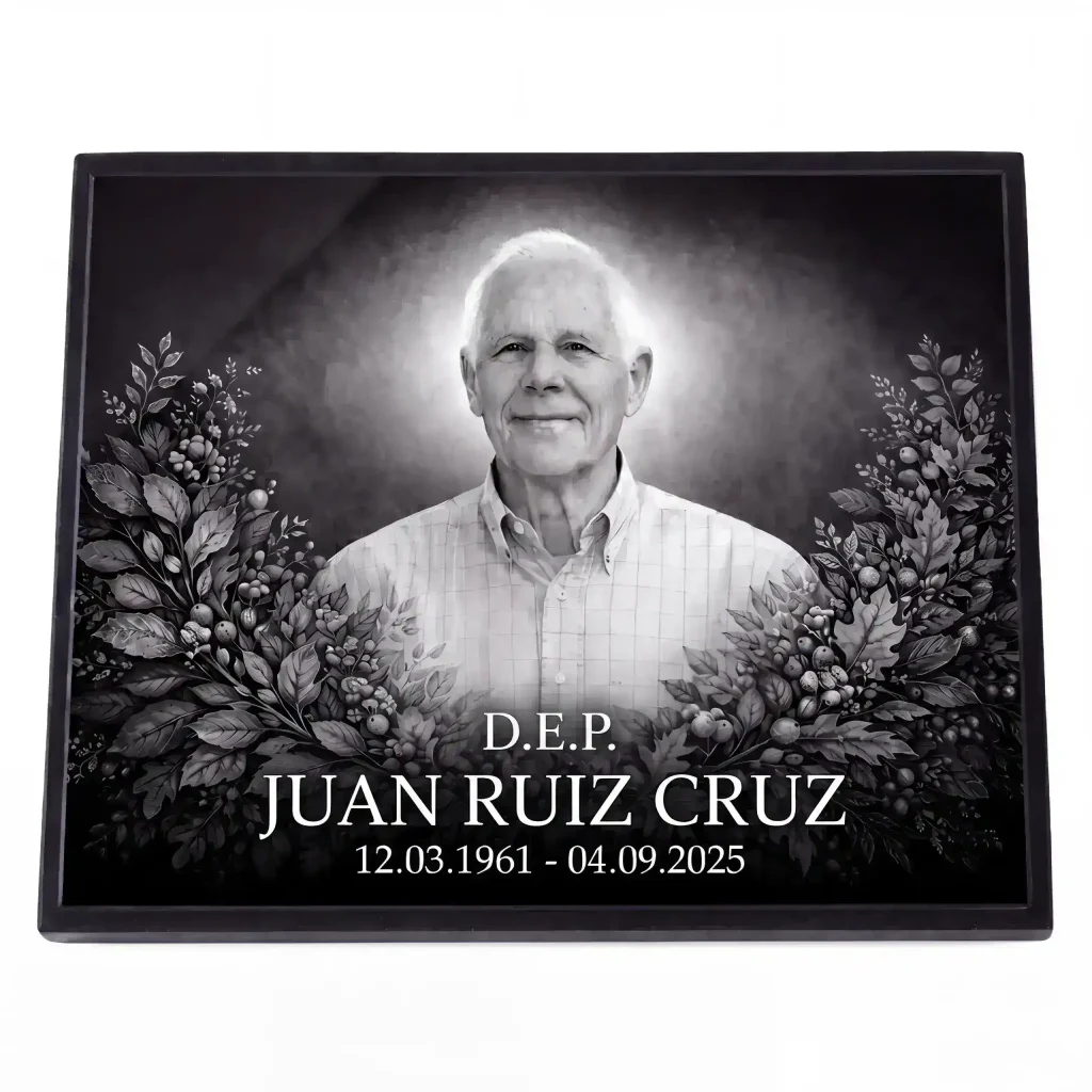 Placa de vidrio para lápida con retrato grabado, nombre y fechas