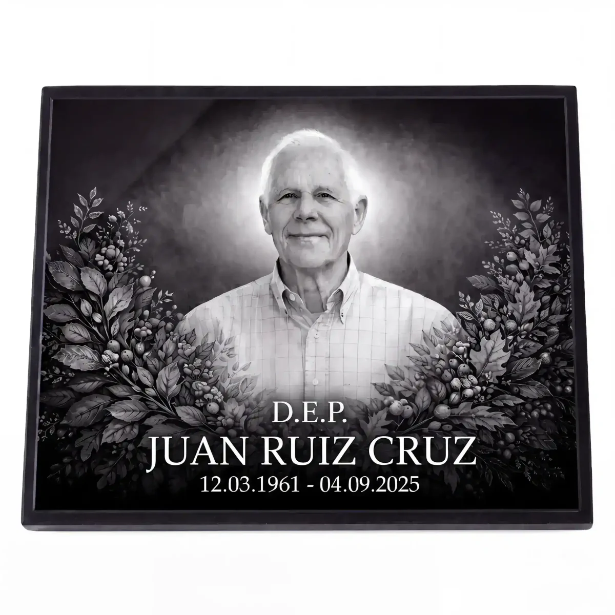 Placa de vidrio para lápida con retrato grabado, nombre y fechas