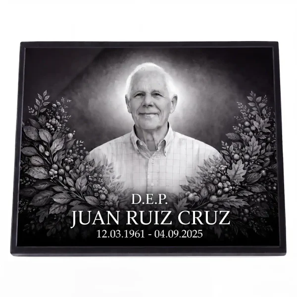 Placa de vidrio para lápida con retrato grabado, nombre y fechas