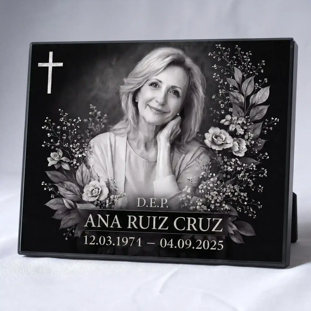 placa de vidrio con nombre y fechas y retrato grabado para lápida