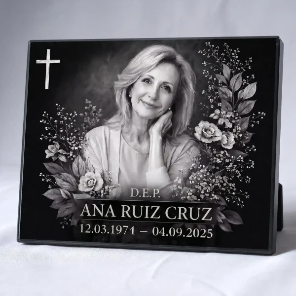 placa de vidrio con nombre y fechas y retrato grabado para lápida
