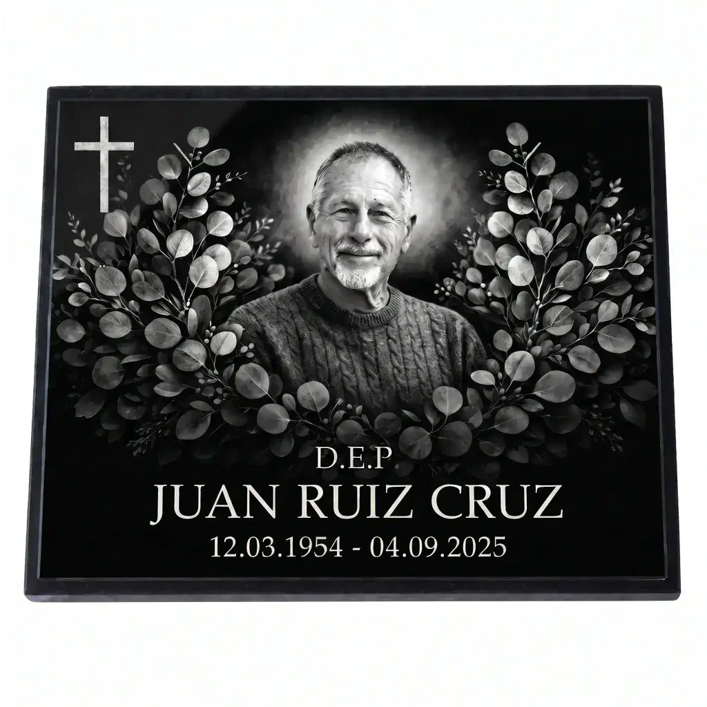 placa de vidrio con nombre y fechas y retrato grabado para lápida
