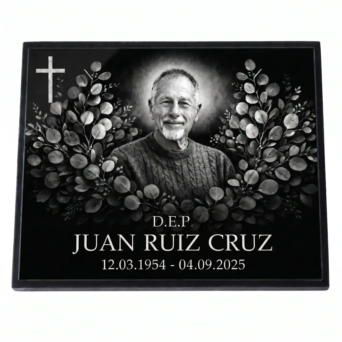 placa de vidrio con nombre y fechas y retrato grabado para lápida