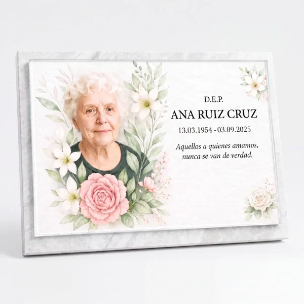 Placa de vidrio para lápida con nombre, fechas y foto conmemorativa