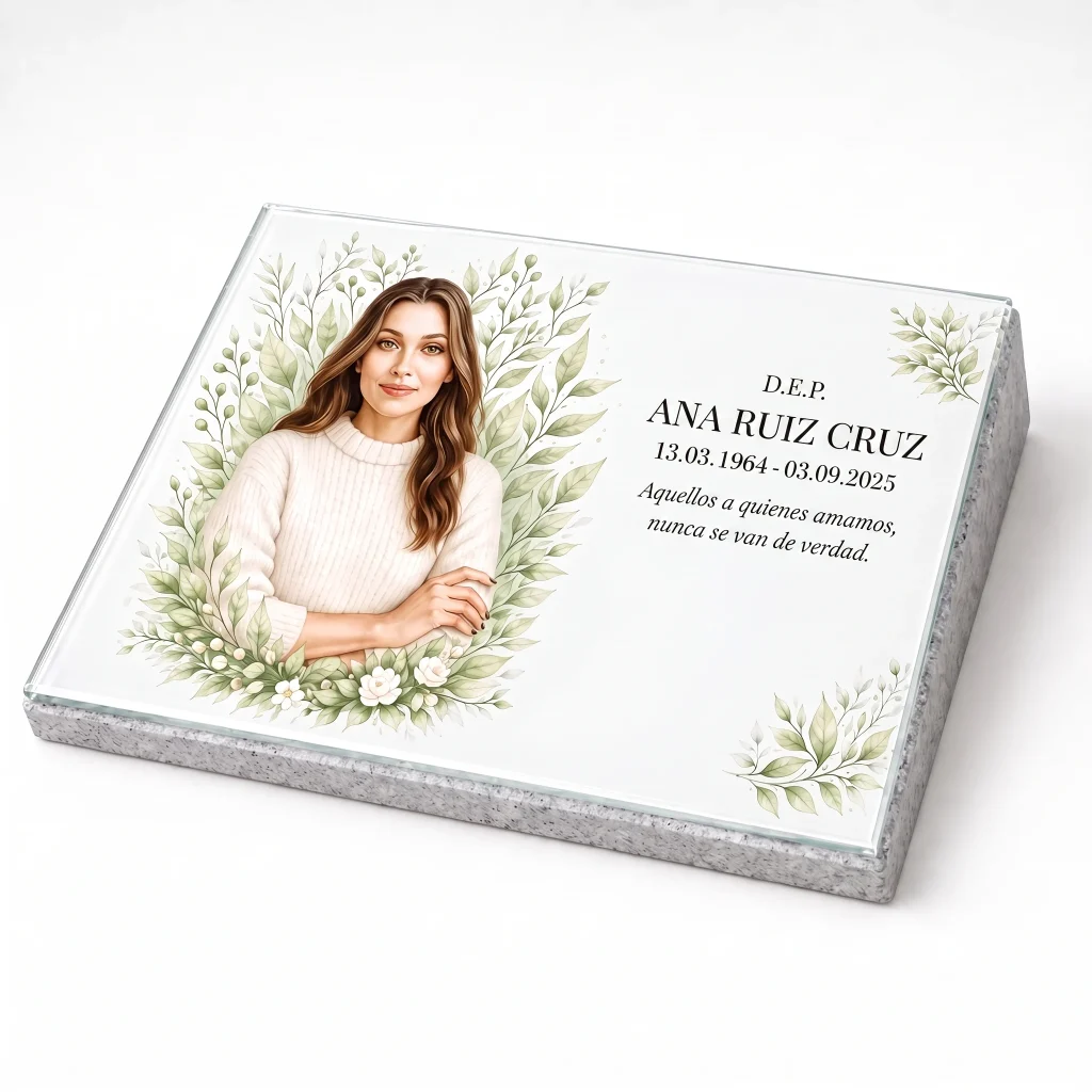 Placa de cristal para lápida con foto, nombre y fechas