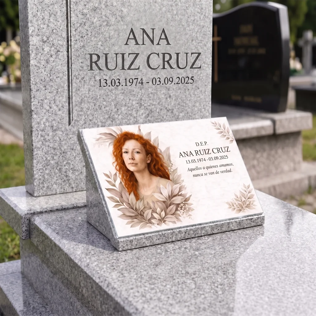 Placa de cristal con retrato, nombre y fechas para lápida