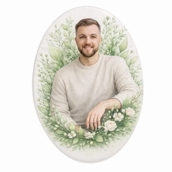 placa conmemorativa de cristal con retrato y motivo floral para tumba