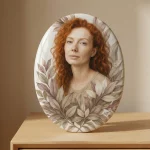 placa de cristal a medida ovalada con retrato y decoración floral para lápida