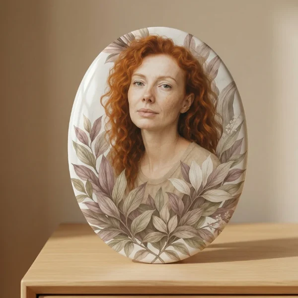 placa de cristal a medida ovalada con retrato y decoración floral para lápida