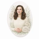placa de cristal a medida con retrato de mujer y rosas para lápida