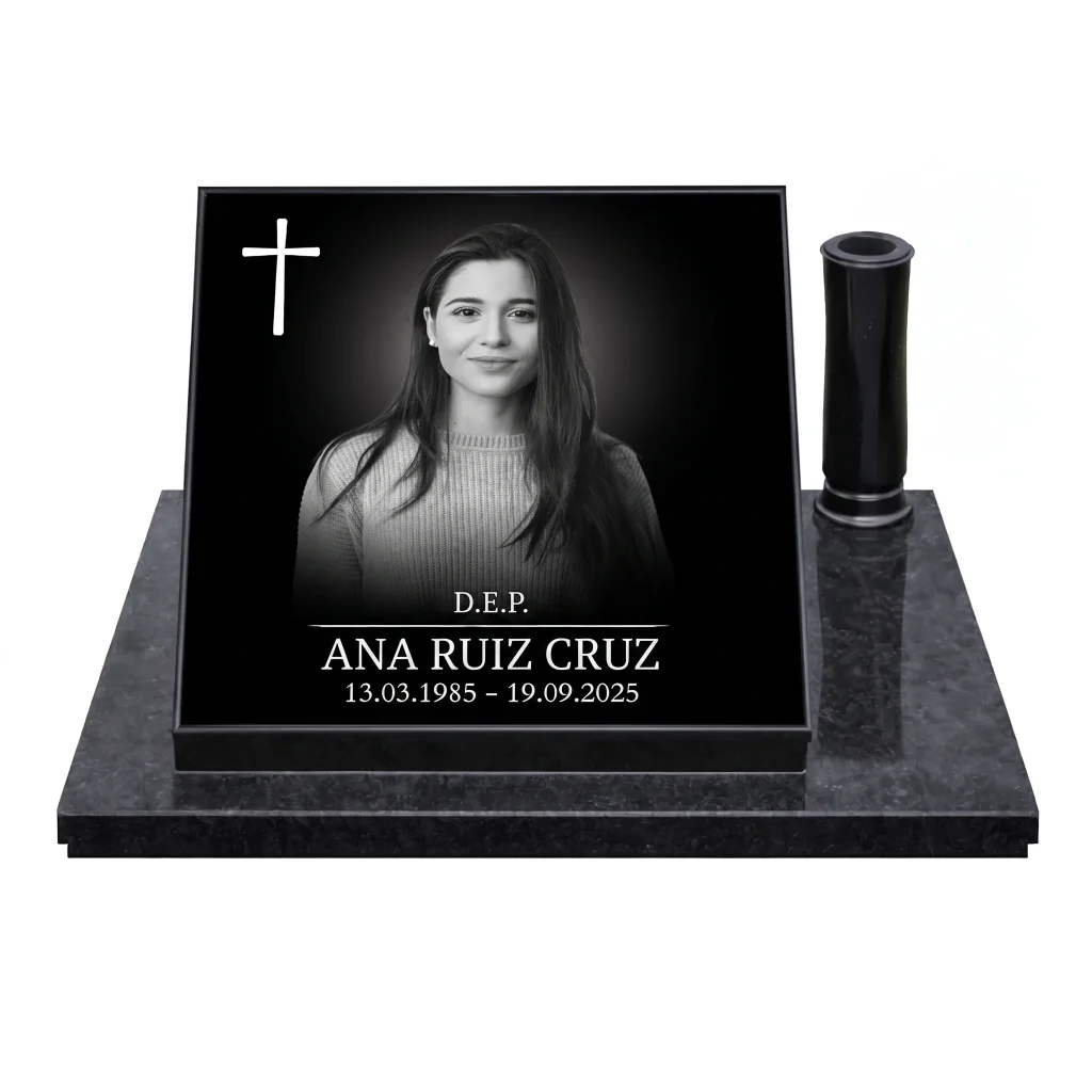 Placa de vidrio para lápida con retrato, nombre y fechas