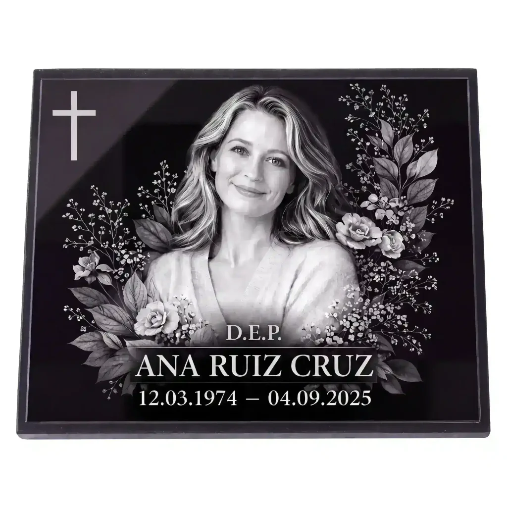 Placa de vidrio para lápida con foto, nombre y fechas grabadas