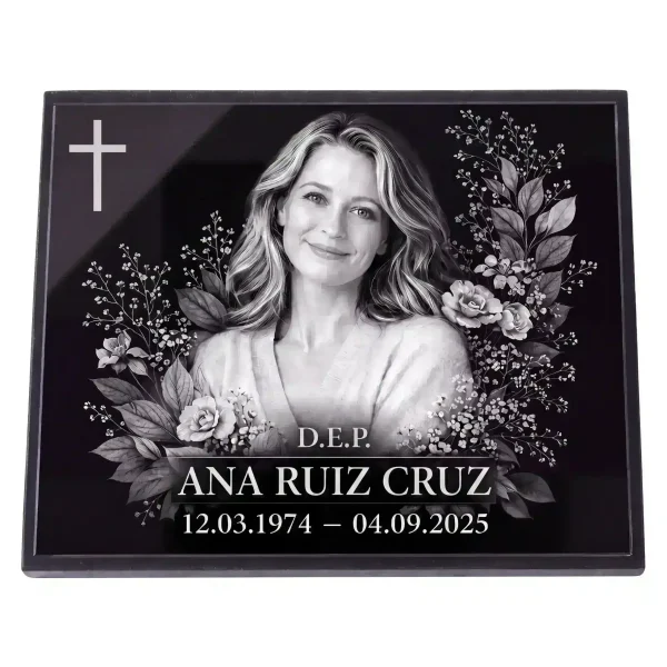 Placa de vidrio para lápida con foto, nombre y fechas grabadas