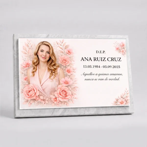 Placa conmemorativa de cristal con foto y flores rosas para lápida