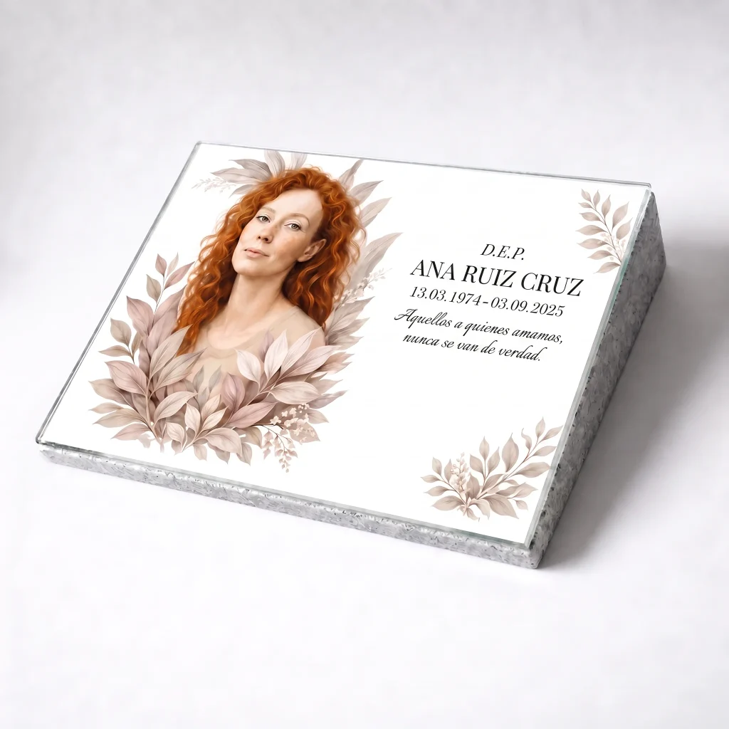 placa de vidrio para lápida con nombre, fechas y retrato personalizado