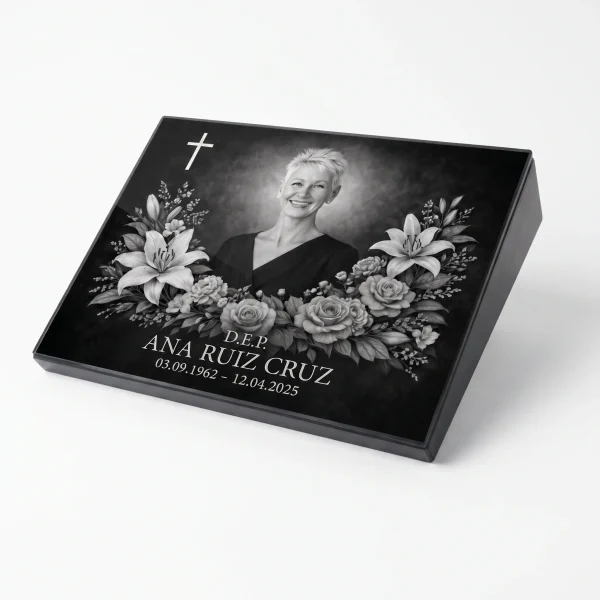 Placa conmemorativa de cristal con nombre, fechas y retrato para lápida