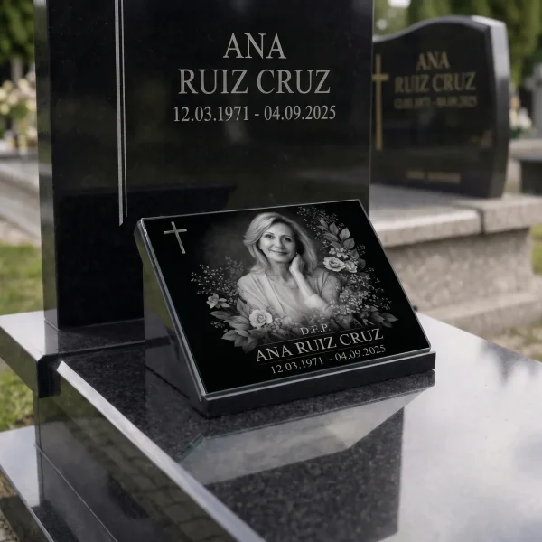 Placa de vidrio para lápida con nombre, fechas y retrato grabado