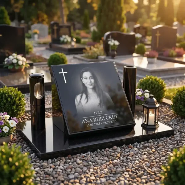 Placa de vidrio para lápida con retrato, nombre y fechas grabadas