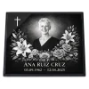 Placa de vidrio para lápida con nombre, fechas y retrato grabado