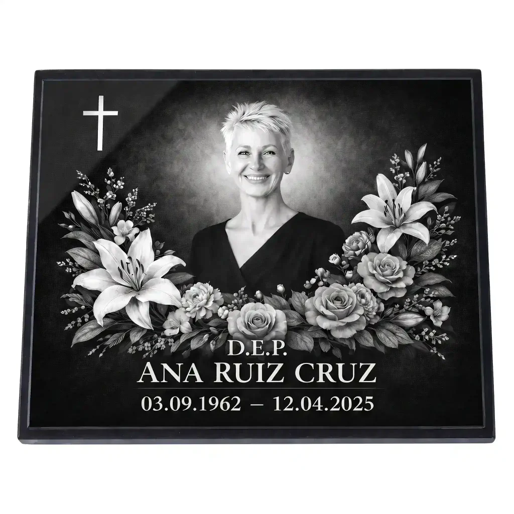 Placa de vidrio para lápida con nombre, fechas y retrato grabado